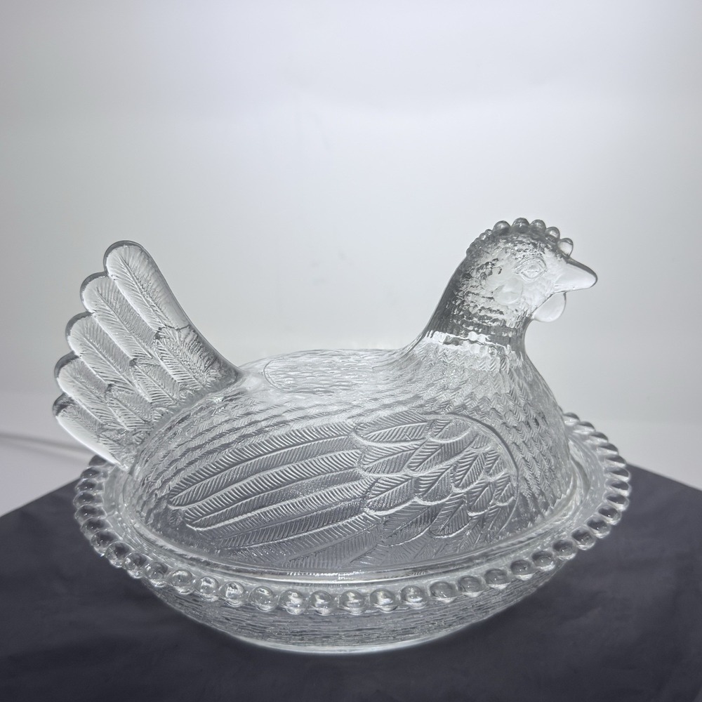 Vintage Indiana Glass Hen on Nest Clear 7β³ Covered Candy Dish Beaded Rim